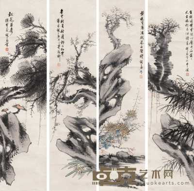 胡公寿 花卉 四屏 132.5×32cm×4